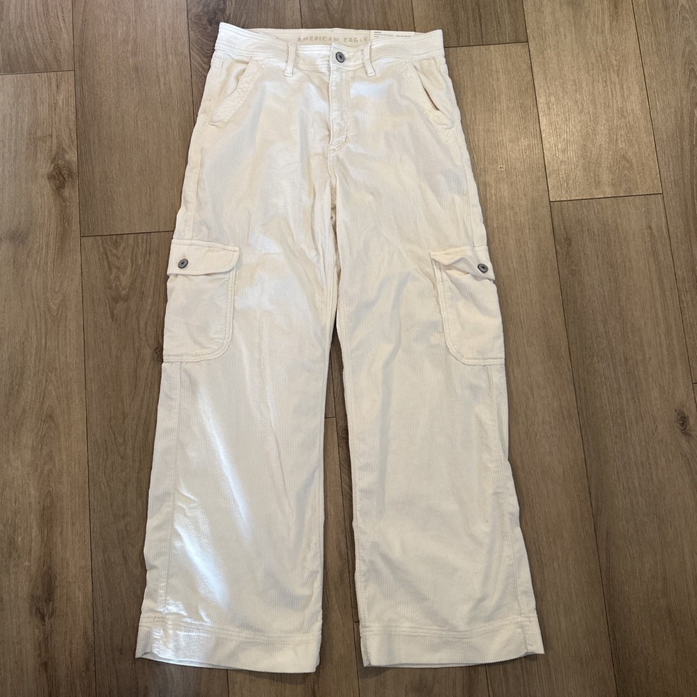 American Eagle Corduroy Pants Womens 6 Ivory High Rise‎ Baggy Wide Leg Cargo